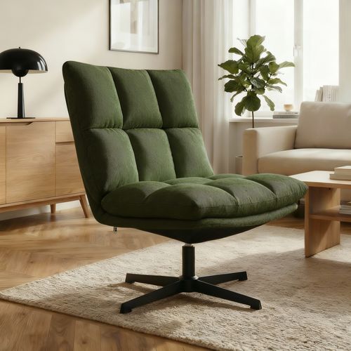 Fauteuil Pivotant 360° Velours Côtelé Kaki Pied Métal Noir Tao