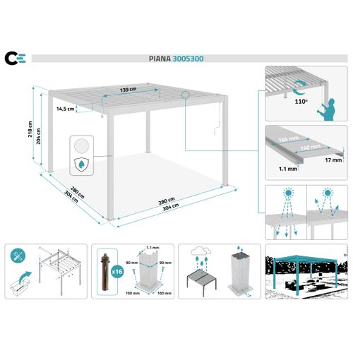 Pergola Bioclimatique Autoportée Piana 3x3m Aluminium Blanc - Lames Orientables