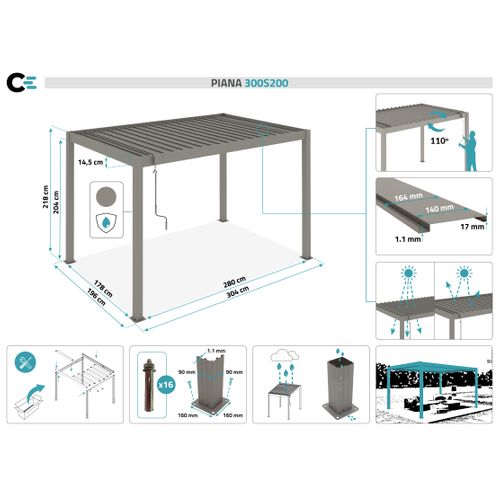 Pergola Bioclimatique Autoportée Piana 3x2m Aluminium Taupe - Lames Orientables