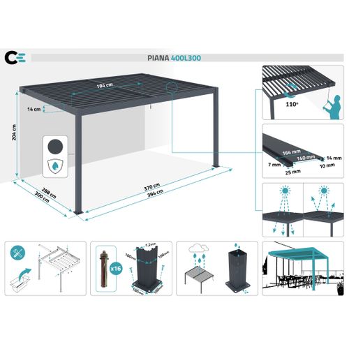 Pergola Bioclimatique Adossée Piana 4x3m Aluminium Gris - Lames Orientables