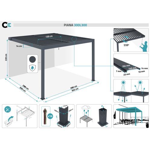 Pergola Bioclimatique Adossée Piana 3x3m Aluminium Gris - Lames Orientables
