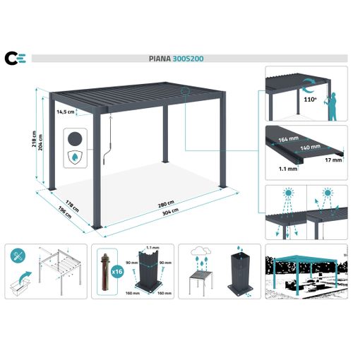 Pergola Bioclimatique Autoportée Piana 3x2m Aluminium Gris - Lames Orientables