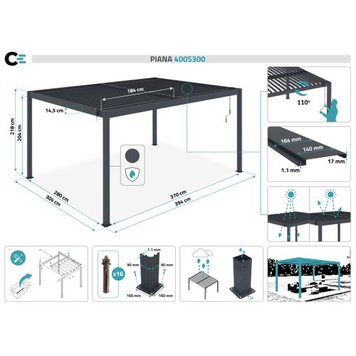 Pergola Bioclimatique Autoportée 4x3m Aluminium Thermolaqué Gris Anthracite Lames Orientables Piana