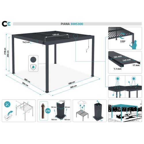 Pergola Bioclimatique Autoportée Piana 3x3m Aluminium Gris
