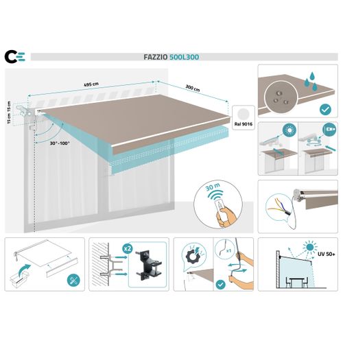 Store Banne Motorisé Semi-coffre Structure Blanche Fazzio 5x3m Toile Taupe