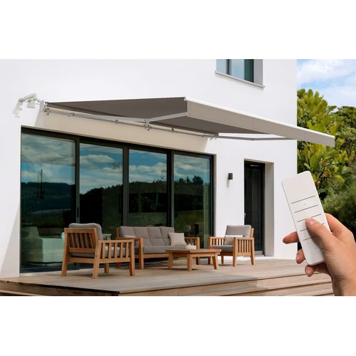 Store Banne Motorisé Semi-coffre Structure Blanche Fazzio 5x3m Toile Taupe