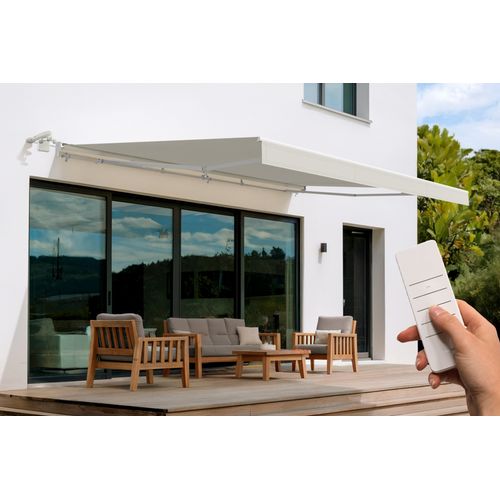 Store Banne Motorisé Semi-coffre Structure Blanche Fazzio 5x3m Toile Beige