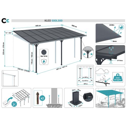 Pergola/carport Adossé Kleo 5x3m Aluminium Gris