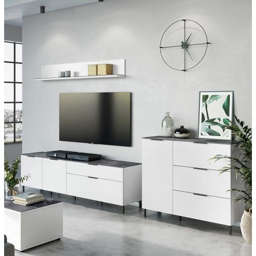 Commode Blanc Et Marbre Une Porte Trois Tiroirs 109x40cm Marble