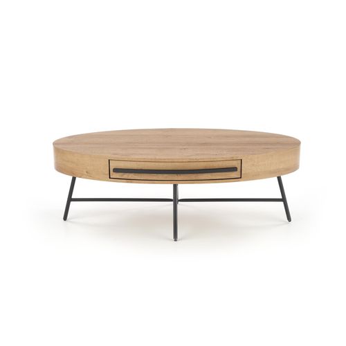 Table Basse Ovale 120x60 Avec Tiroir Aspect Chêne Doré Avec Pied En Métal Noir Hydra