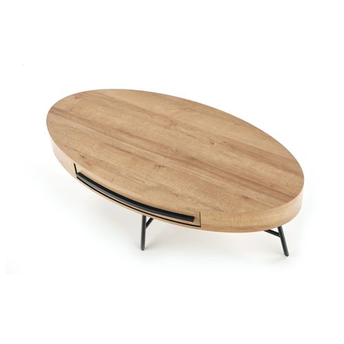 Table Basse Ovale 120x60 Avec Tiroir Aspect Chêne Doré Avec Pied En Métal Noir Hydra