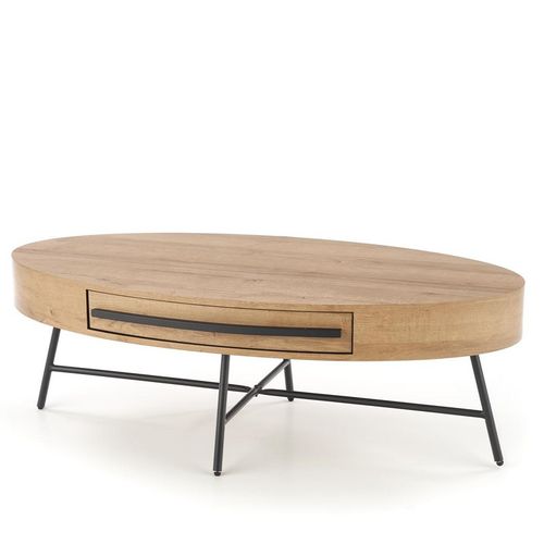 Table Basse Ovale 120x60 Avec Tiroir Aspect Chêne Doré Avec Pied En Métal Noir Hydra