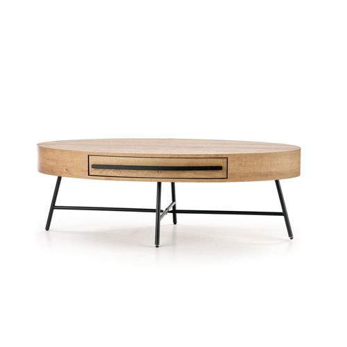 Table Basse Ovale 120x60 Avec Tiroir Aspect Chêne Doré Avec Pied En Métal Noir Hydra