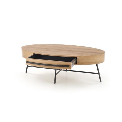 Table Basse Ovale 120x60 Avec Tiroir Aspect Chêne Doré Avec Pied En Métal Noir Hydra
