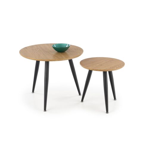 Ensemble De Deux Tables Gigognes Rondes Aspect Chêne Doré Avec Pieds En Métal Noir Sirona