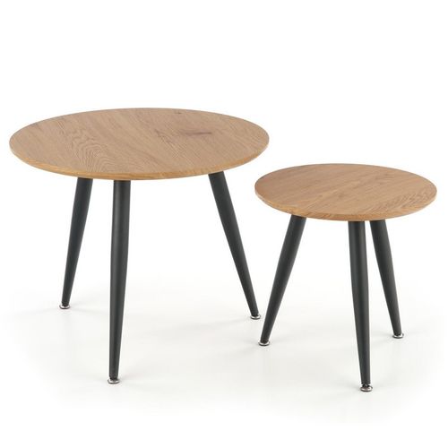 Ensemble De Deux Tables Gigognes Rondes Aspect Chêne Doré Avec Pieds En Métal Noir Sirona