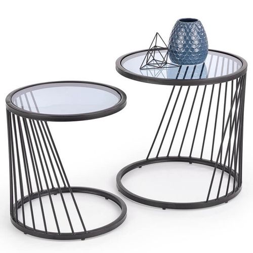 Ensemble De Deux Tables Basses Gigognes Design Avec Structure En Acier Noir Et Plateau En Verre Rapt