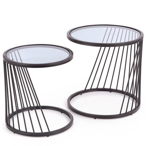 Ensemble De Deux Tables Basses Gigognes Design Avec Structure En Acier Noir Et Plateau En Verre Rapt