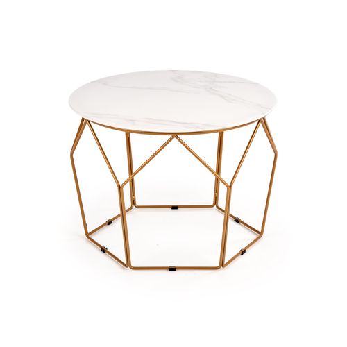 Table Basse Design Avec Plateau Style Marbre De 60 Cm De Diamètre Et Structure En Acier Doré Melba