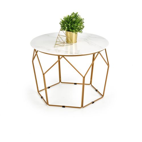 Table Basse Design Avec Plateau Style Marbre De 60 Cm De Diamètre Et Structure En Acier Doré Melba