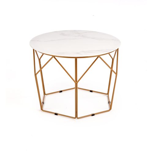 Table Basse Design Avec Plateau Style Marbre De 60 Cm De Diamètre Et Structure En Acier Doré Melba