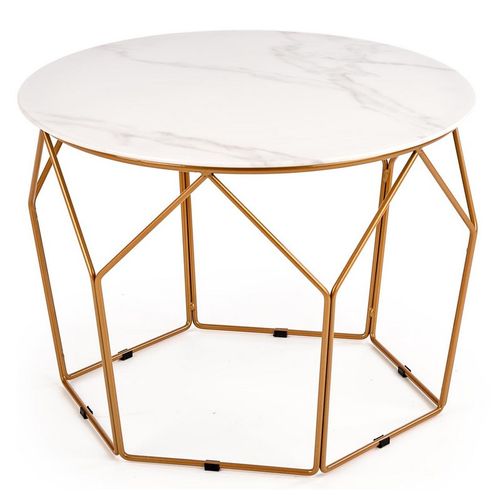 Table Basse Design Avec Plateau Style Marbre De 60 Cm De Diamètre Et Structure En Acier Doré Melba