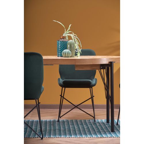 Table à Manger Ronde 100-300cm Extensible Avec Plateau Plaqué Chêne Et Pieds Métal Aya