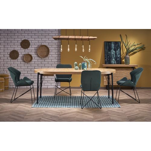 Table à Manger Ronde 100-300cm Extensible Avec Plateau Plaqué Chêne Et Pieds Métal Aya