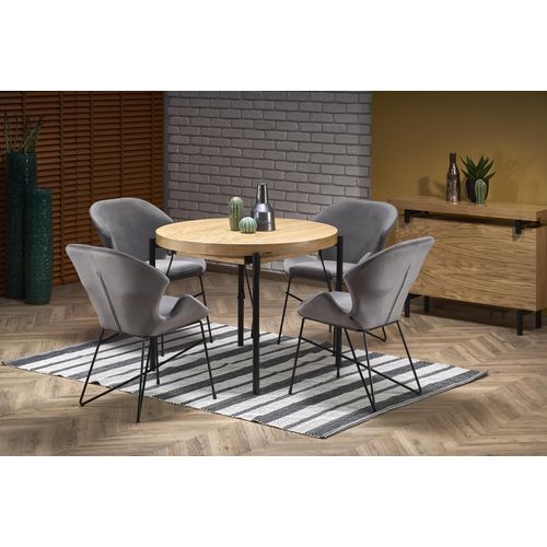 Table à Manger Ronde 100-300cm Extensible Avec Plateau Plaqué Chêne Et Pieds Métal Aya