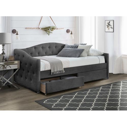 Lit 90 X 200 En Velours Gris Capitonné Avec Tiroirs De Rangement Corfu