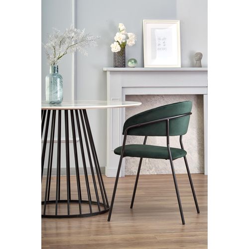 Table Ronde Avec Plateau Aspect Marbre Blanc Et Pied Central Design En Métal Noir Dagan