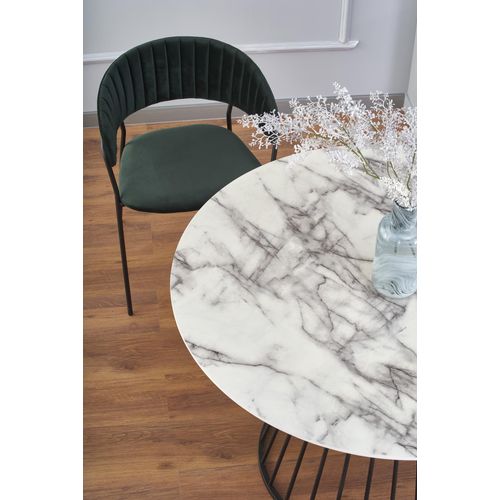 Table Ronde Avec Plateau Aspect Marbre Blanc Et Pied Central Design En Métal Noir Dagan