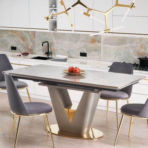 Table Extensible Avec Plateau Aspect Marbre Et Piètement Design Gris Et Doré Eagle