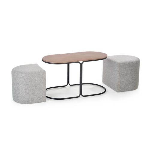 Ensemble Table Basse Et Deux Poufs En Tissu Gris Urso