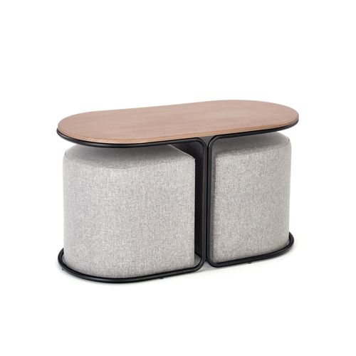 Ensemble Table Basse Et Deux Poufs En Tissu Gris Urso