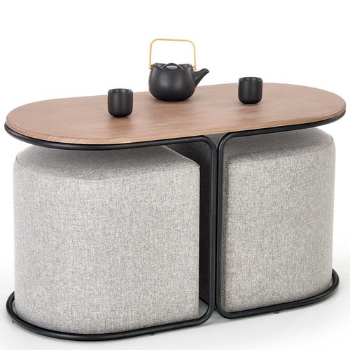 Ensemble Table Basse Et Deux Poufs En Tissu Gris Urso