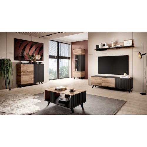 Bahut Contemporain 100 Cm 2 Portes Aspect Chêne Wotan Et Noir Pump