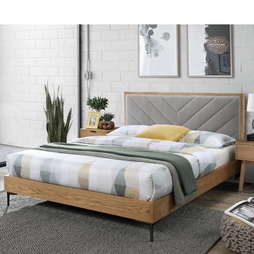 Lit Aspect Bois Et Tissu Gris Pour Matelas 160 Cm Lolly