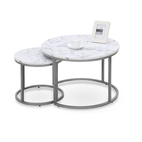 Ensemble De Deux Tables Basses Rondes Aspect Marbre Blanc Alicia