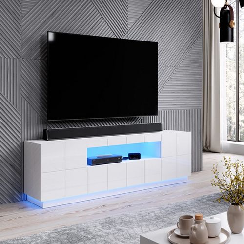 Meuble TV Design Blanc Brillant + LED 184 Cm Flow - Sans LED