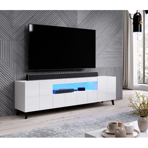 Meuble TV Design Blanc Brillant + LED 184 Cm Flow - Bleu