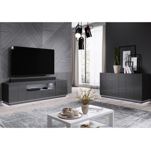 Meuble TV Design Gris Brillant + LED 184 Cm Flow - Sans LED