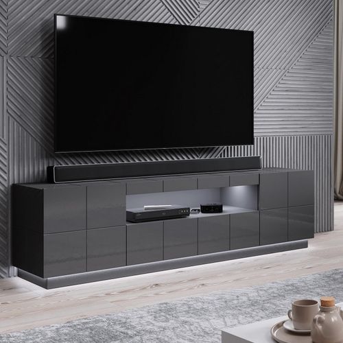 Meuble TV Design Gris Brillant + LED 184 Cm Flow - Blanc