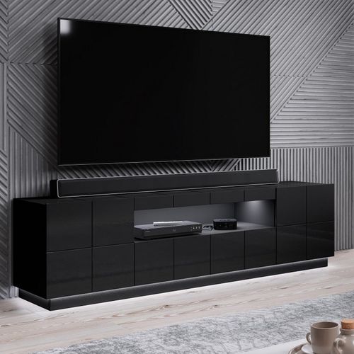 Meuble TV Design Noir Brillant + LED 184 Cm Flow - Bleu