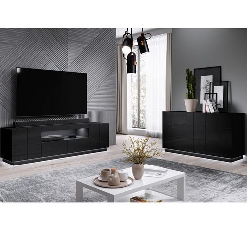 Meuble TV Design Noir Brillant + LED 184 Cm Flow - Bleu