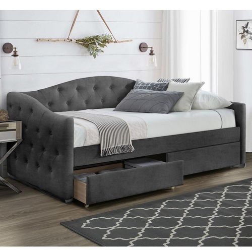 Lit 90 X 200 En Velours Gris Capitonné Avec Tiroirs De Rangement Corfu