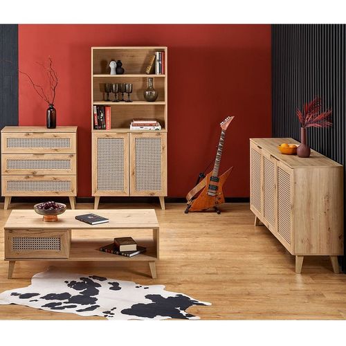Meuble TV Aspect Chêne Naturel Et Rotin Kina