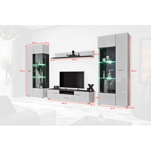 Ensemble TV Mural Noir Et Blanc Brillant Avec Éclairage LED Intégré Laika