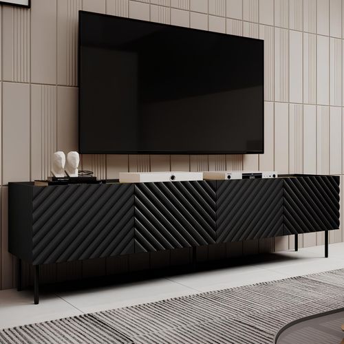 Meuble TV 200 Cm Bois Et Noir Mat 4 Portes 3d Emile