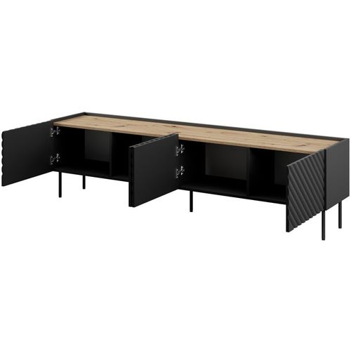 Meuble TV 200 Cm Bois Et Noir Mat 4 Portes 3d Emile